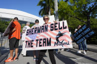 Protesters demonstrate outside LoanDepot Park before the start of a baseball game between the Miami Marlins and the Philadelphia Phillies, Friday, May 10, 2024, in Miami. (AP Photo/Wilfredo Lee)