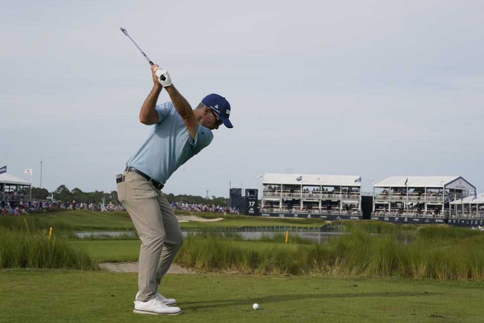 Kevin Streelman hits off the 17th tee during the third round at the PGA Championship golf tournament on the Ocean Course, Saturday, May 22, 2021, in Kiawah Island, S.C. (AP Photo/Chris Carlson)