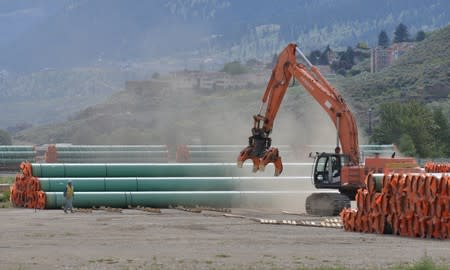 FILE PHOTO: Steel pipe to be used in the pipeline construction of the Trans Mountain Expansion Project at a stockpile site in Kamloops