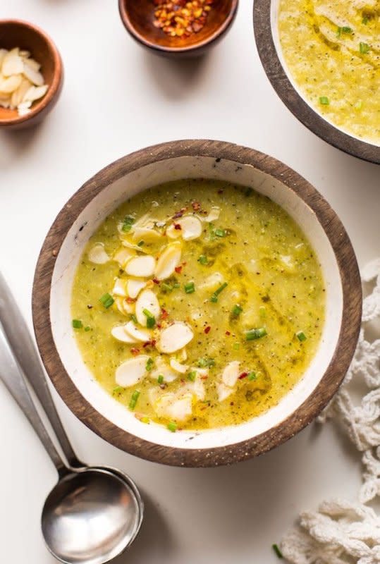 <p>A Saucy Kitchen</p><p>Simple yet flavourful broccoli leek soup – only seven ingredients and 30 minutes needed!</p><p><strong>Get the recipe: <a href="https://www.asaucykitchen.com/broccoli-leek-soup/" rel="nofollow noopener" target="_blank" data-ylk="slk:Broccoli Leek Soup;elm:context_link;itc:0;sec:content-canvas" class="link "><em>Broccoli Leek Soup</em></a></strong></p>