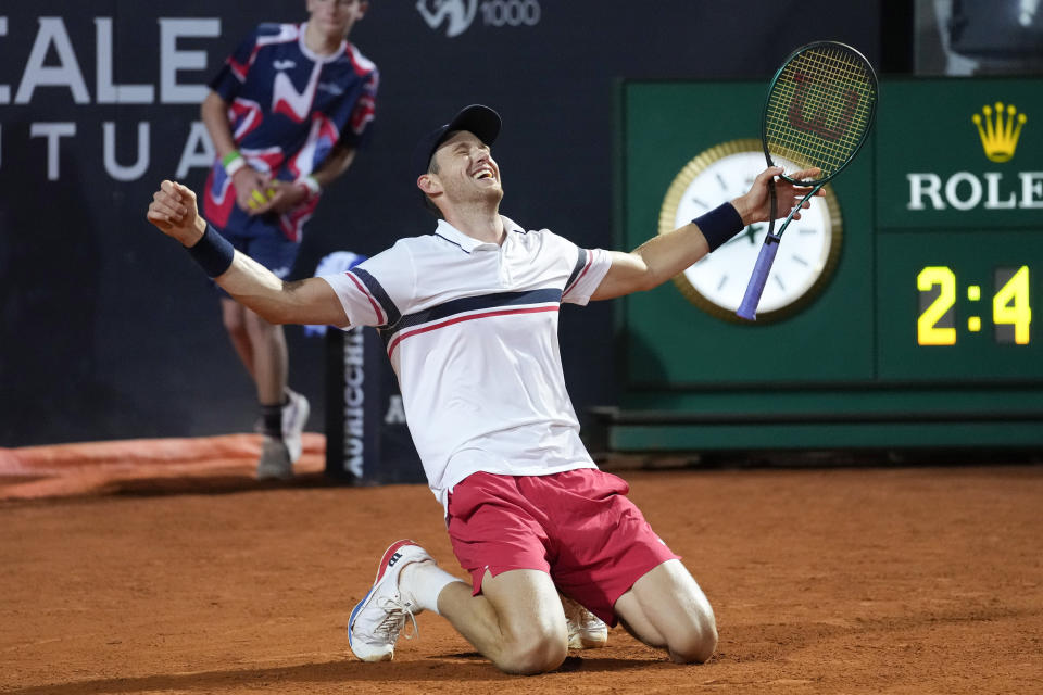Nicolas Jarry of Chile celebrates after winning the semifinal match against Tommy Paul of the United States at the Italian Open tennis tournament, in Rome, Friday, May 17, 2024. (AP Photo/Andrew Medichini)