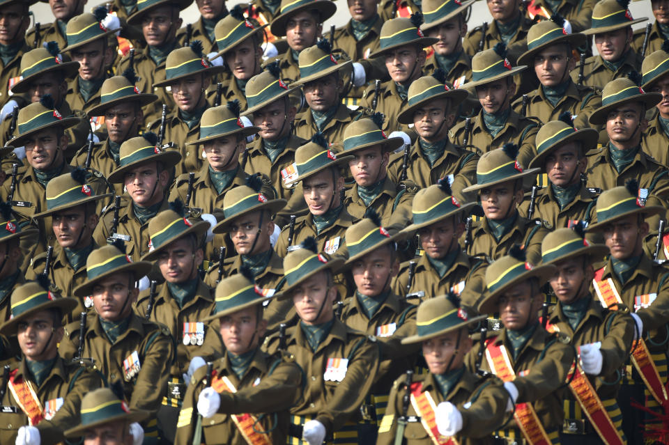 NEW DELHI, INDIA - JANUARY 26:  The Kumaon Regiment marches past during the 71st Republic Day Parade at Rajpath,  on January 26, 2020 in New Delhi, India.  (Photo by Arvind Yadav/Hindustan Times via Getty Images)