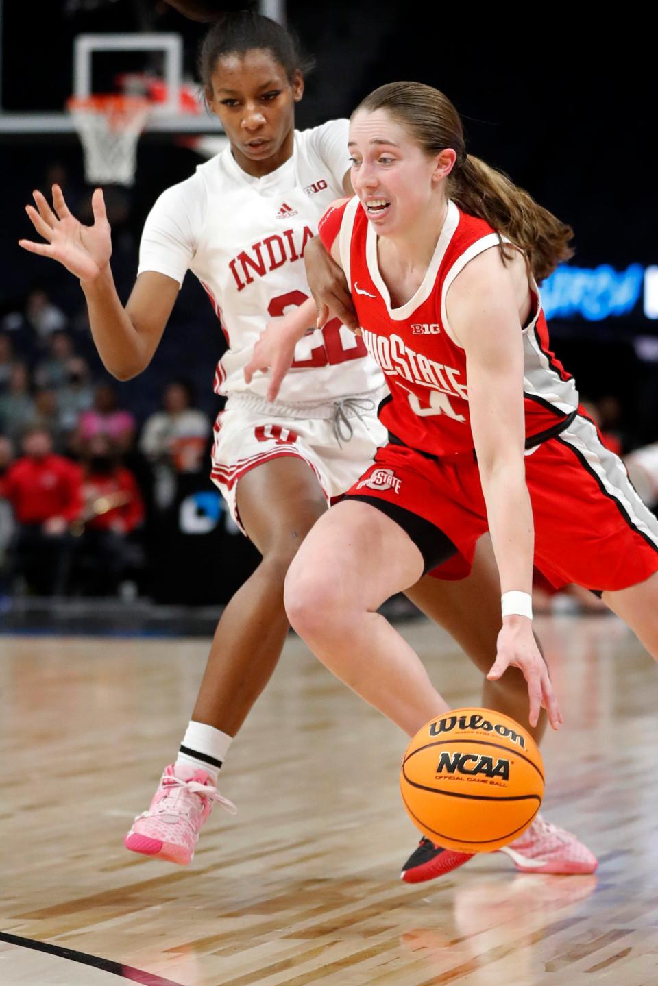 Ohio State guard Taylor Mikesell dribbles past Indiana's Chloe Moore-McNeil.