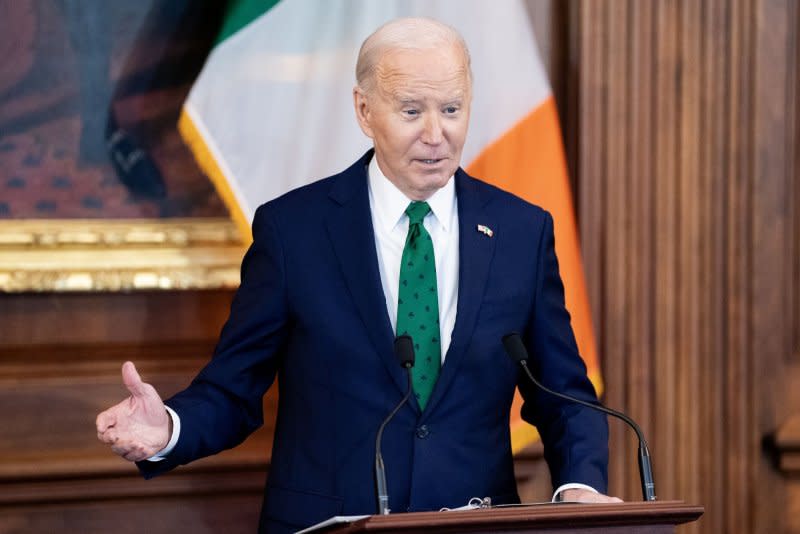 U.S. President Joe Biden delivers remarks during the Friends of Ireland Luncheon Friday. Photo by Nathan Howard/UPI