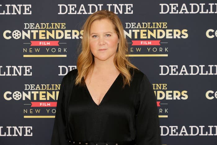 Amy Schumer looking at the camera in front of a step and repeat