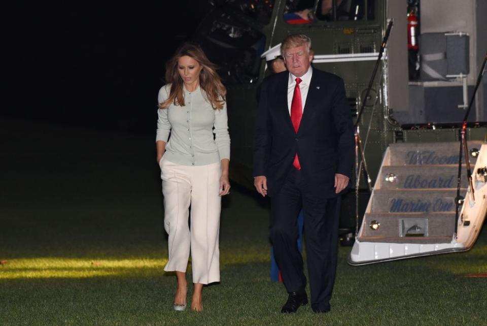 <p>Trump returned home from her husband's first foreign trip wearing culottes — and it wouldn't be the last time she was spotted in the silhouette. Later that summer, <a href="https://www.usatoday.com/story/life/people/2017/07/06/melania-trump-seems-obsessed-with-culottes-cropped-pants/103440496/" rel="nofollow noopener" target="_blank" data-ylk="slk:USA Today;elm:context_link;itc:0;sec:content-canvas" class="link ">USA Today</a> tried to figure out why she favors them over more casual bottoms, like jeans. Will Kahn, <em>Town & Country</em>'s fashion market and accessories director, explained that a "cropped pant is about as casual as [a First Lady] can get."</p>