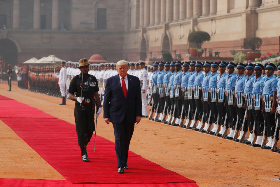 U.S. President Donald Trump inspects honour guards during the ceremonial reception at the forecourt of India's Rashtrapati Bhavan Presidential Palace in New Delhi, India, February 25, 2020. REUTERS/Al Drago