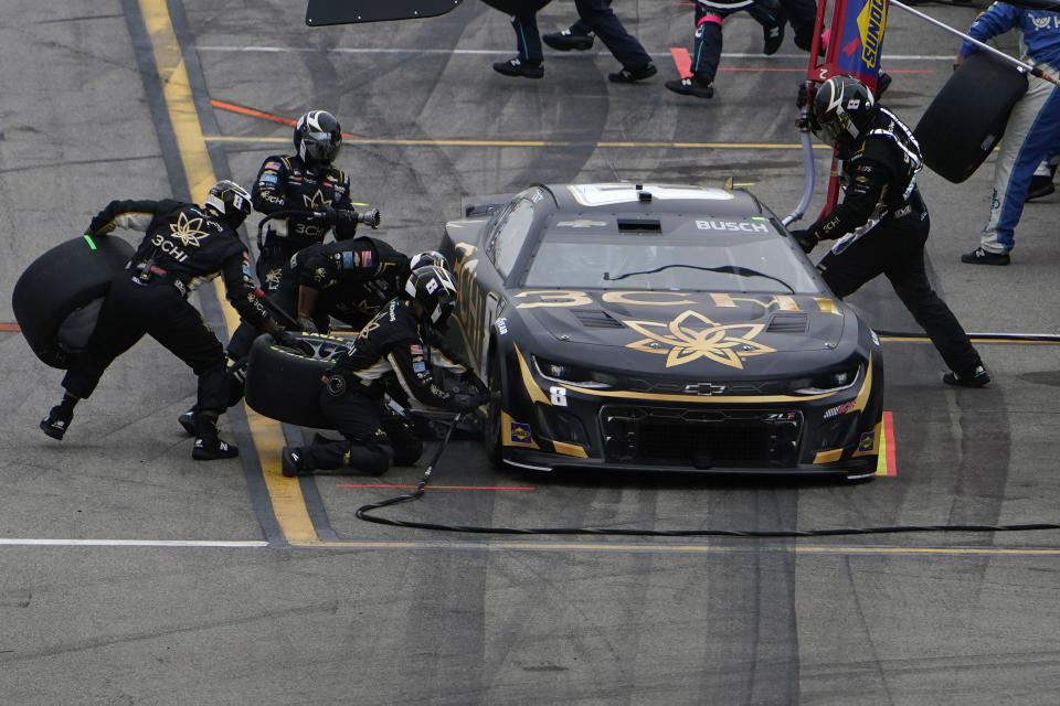Kyle Busch (8) makes a pitstop during a NASCAR Cup Series auto race at World Wide Technology Raceway, Sunday, June 4, 2023, in Madison, Ill. (AP Photo/Jeff Roberson)