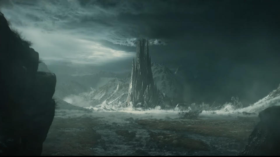 A scene showing the apparent creation of Barad-dur in The Rings of Power season 2