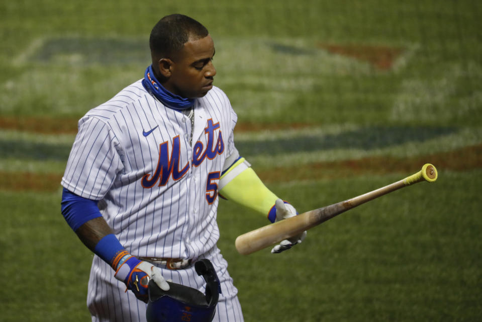 Yoenis Cespedes reacts after striking out against Boston Red Sox relief pitcher Marcus Walden in the sixth inning on July 29 in New York. (AP Photo/John Minchillo)