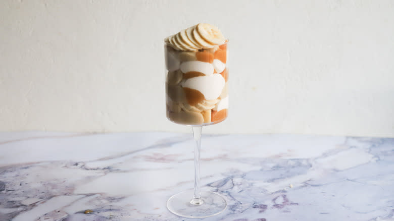 Layered butterscotch banana pudding trifle