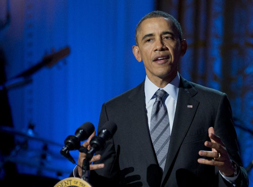 President Barack Obama speaks during the "In Performance at the White House: Women of Soul" in the East Room of the White House in Washington, Thursday, March 6, 2014, hosted by President Barack Obama, and first lady Michelle Obama. The program include performances by Patti LaBelle, Tessanne Chin, Melissa Etheridge, Aretha Franklin, Ariana Grande, Janelle Monáe and Jill Scott. (AP Photo/Manuel Balce Ceneta)