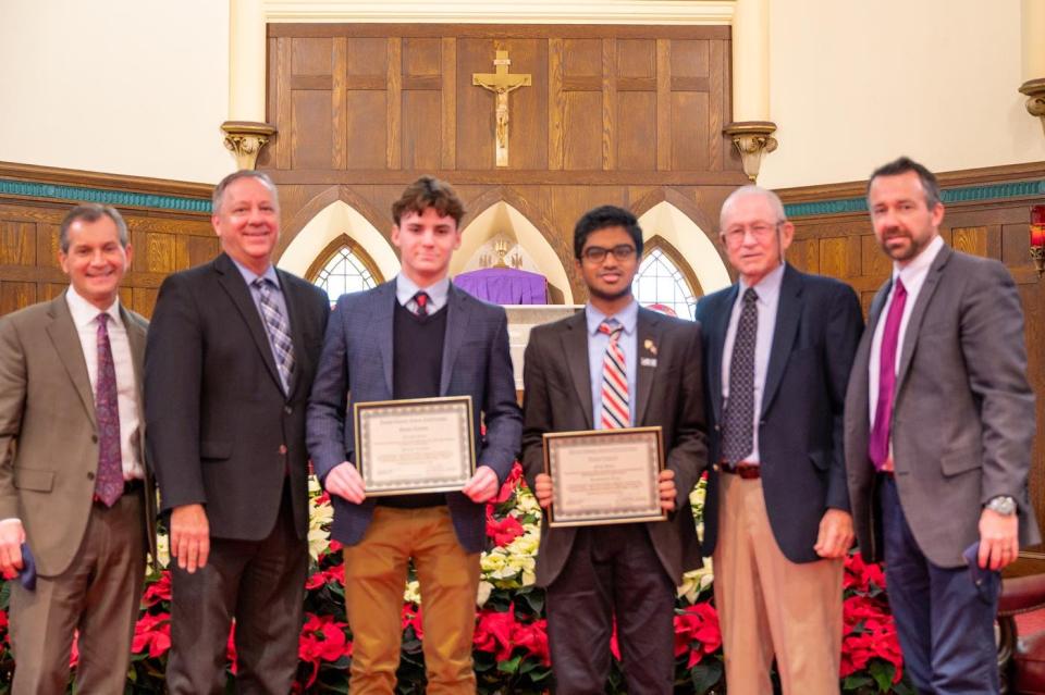 From left: Gregory Geruson, president of Holy Ghost Preparatory School; Shane Fitzgerald, executive editor of the Bucks County Courier Times and The Intelligencer; Patrick Lichtner; Kamaljeeth Vijay; Dick Newbert, editor of theLegacyof1776.com; and Kevin Burke, principal of Holy Ghost Preparatory School.