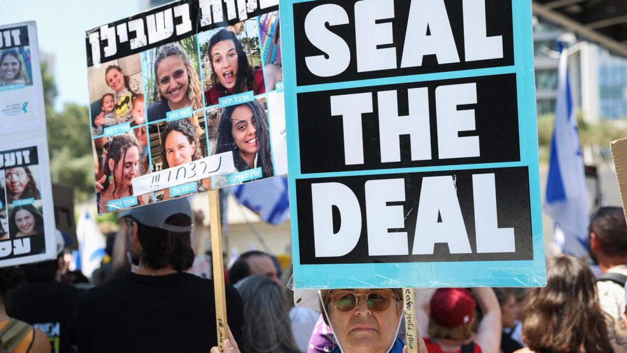 PHOTO: Protesters rally together against the government and to show support for the hostages who were kidnapped during the deadly Oct. 7 attack, in Tel Aviv, Israel, Sept. 2, 2024. (Florion Goga/Reuters)