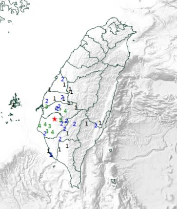 台南17日發生3起芮氏規模4以上的地震。（圖／中央氣象局）