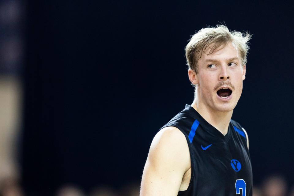 Brigham Young Cougars setter Tyler Herget (3) yells to his teammates during an NCAA men’s volleyball match against the Long Island Sharks at the Smith Fieldhouse in Provo on Thursday, Feb. 8, 2023. | Marielle Scott, Deseret News