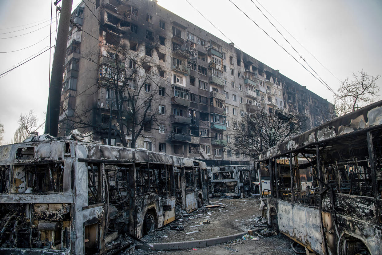 Extensive damage from shelling is seen in Mariupol, Ukraine.