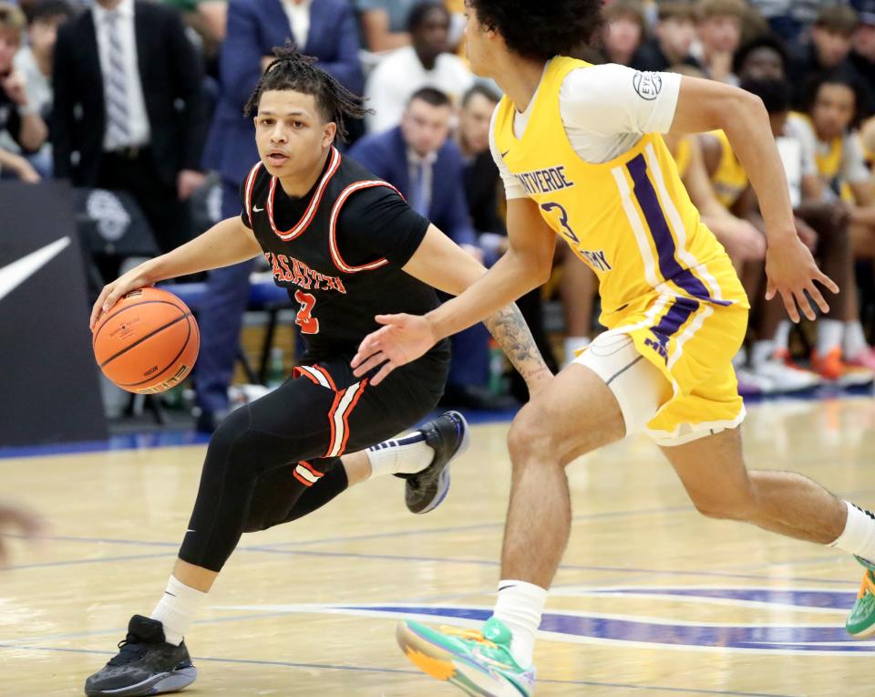 Wasatch Academy’s John Mobley Jr. moves around Montverde Academy’s Curtis Givens during a National Hoopfest Utah Tournament game at Pleasant Grove High School in Pleasant Grove on Monday, Nov. 20, 2023. Montverde won 88-53. | Kristin Murphy, Deseret News