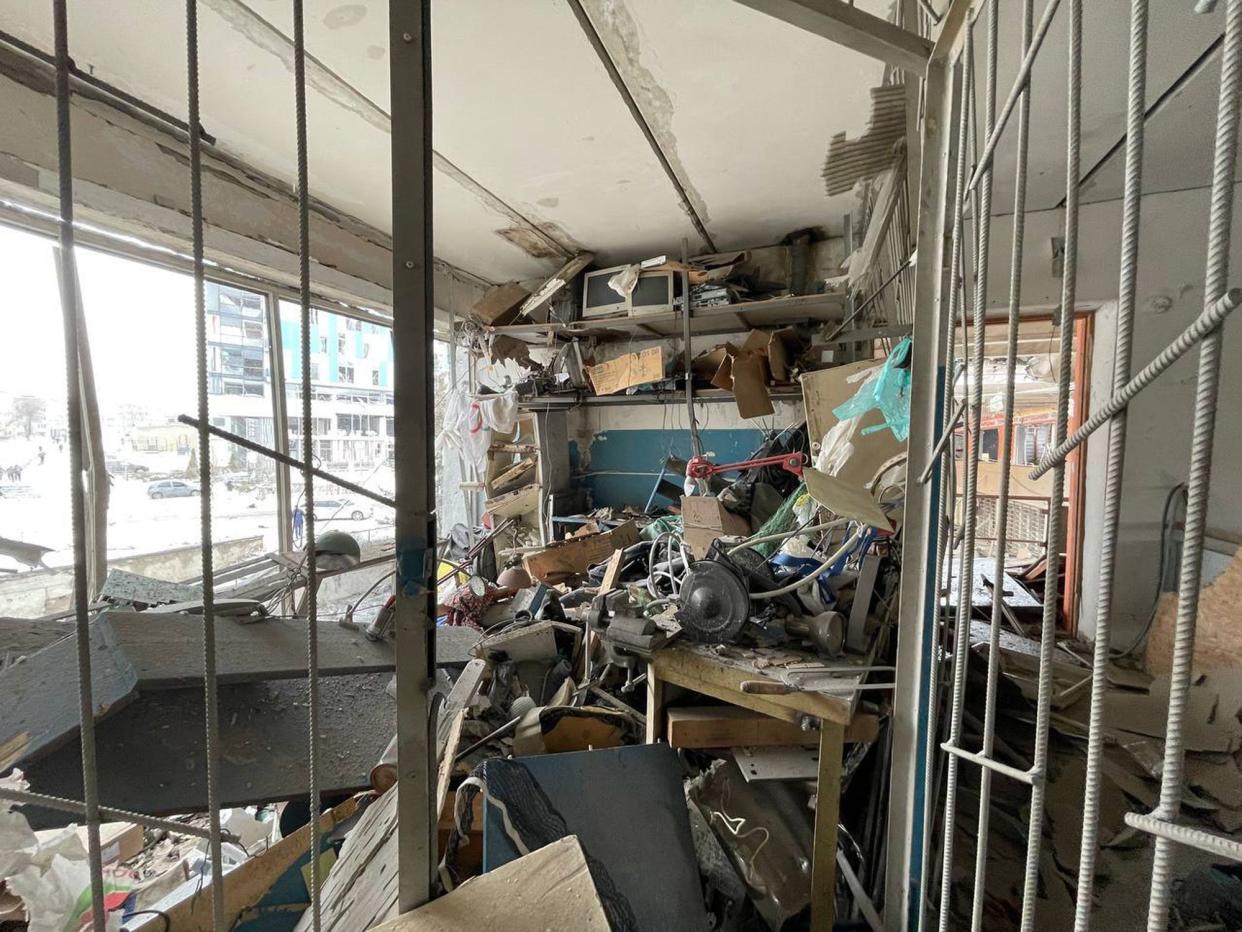 In this photo provided by Yurii Kochubei, a view of the damage after shelling inside a sports complex, in Kharkiv, Ukraine, Saturday, March 5, 2022.