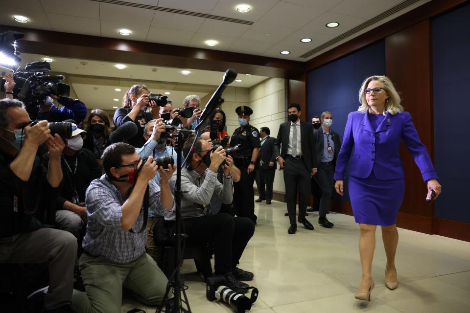 Rep. Liz Cheney, R-Wyo., arrives to speak to the media after she was removed of her leadership role as House Republican Conference chair on Wednesday.