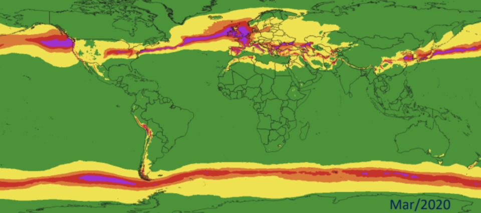 L'Index Predict de Transmissivité Climatique en mars 2020 à travers le monde. Crédit : Predict