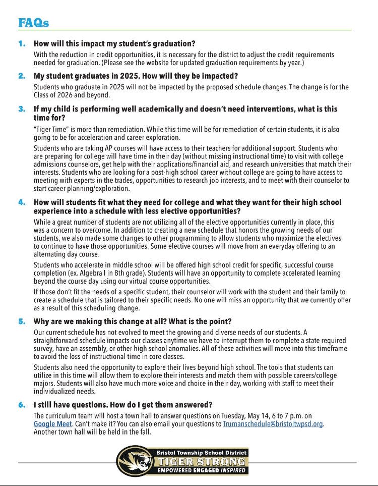 An announcement for "Tiger Time," to be introduced to Harry S Truman High School in the 2025-26 school year. It eliminates an entire class, substituting a free period where students can seek additional help for classes, meet with college recruiters, and other pursuits.