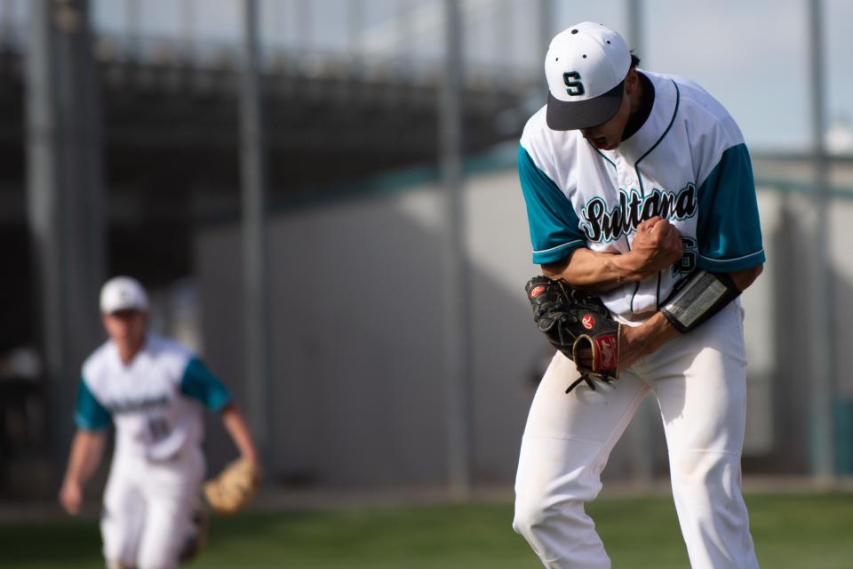 Sultana’s Eric Ruiz celebrates after striking out Oak Hill’s Kelvin Lackey during the third inning to protect their 5-1 lead on Wednesday, March 13, 2024 in Hesperia. Oak Hills beat Sultana 13-6 in Mojave River League play.