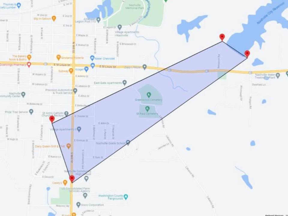 Residents living inside the area shown in the gray box are being asked to evacuate in advance of the Nashville, Illinois reservoir dam’s ‘imminent’ failure (Washington County Emergency Management Agency)