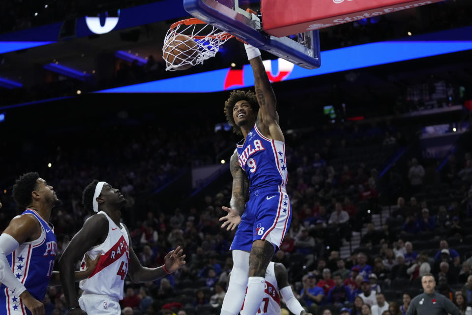 Philadelphia 76ers' Kelly Oubre Jr. dunks during the first half of an NBA basketball game against the Toronto Raptors, Thursday, Nov. 2, 2023, in Philadelphia. (AP Photo/Matt Slocum)