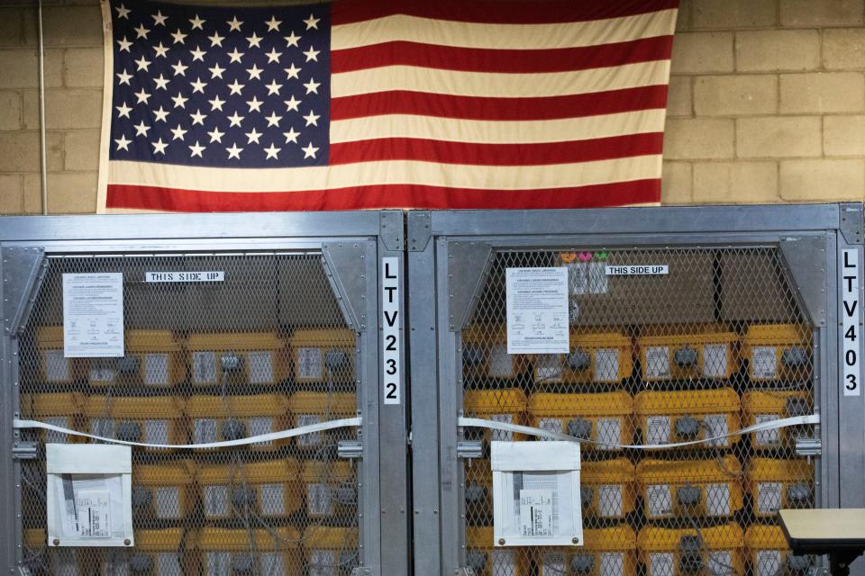 Cages of ventilators, part of a shipment of 400, are displayed, March 24, 2020 at the New York City Emergency Management Warehouse where they will be distributed. Gov. Andrew Cuomo has sounded his most dire warning about the coronavirus pandemic on Tuesday, saying the infection rate in New York is accelerating and the state could be two to three weeks away from a crisis.