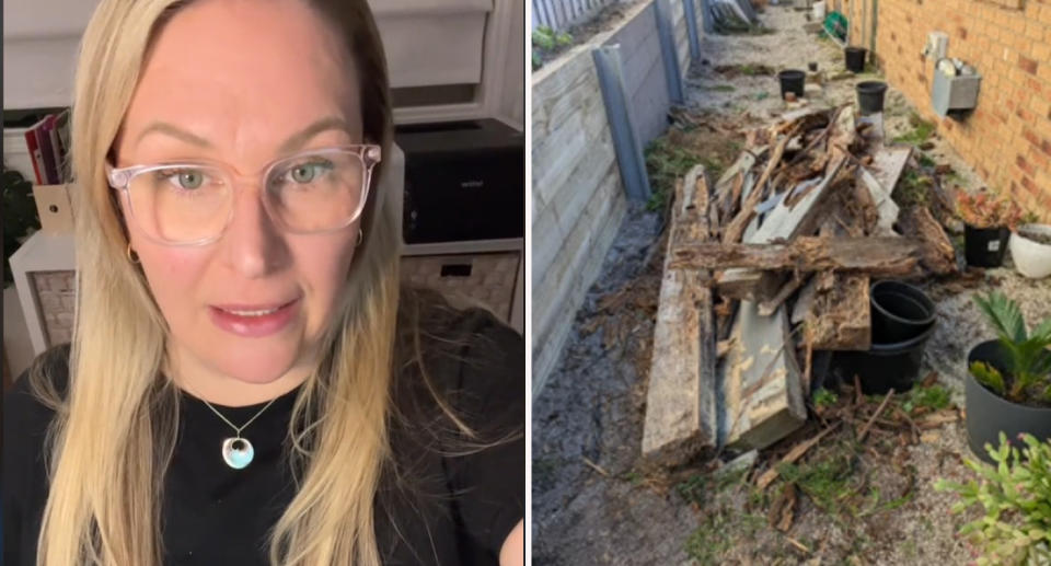 Laura Maultby speaking to camera (left) and a pile of wood that was collected (right). 