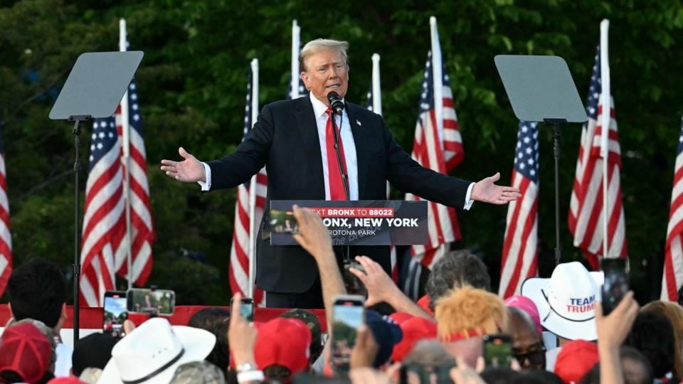 PHOTO: Former President and Republican presidential candidate Donald Trump speaks during a campaign rally in the South Bronx in New York, May 23, 2024.  (Jim Watson/AFP via Getty Images)