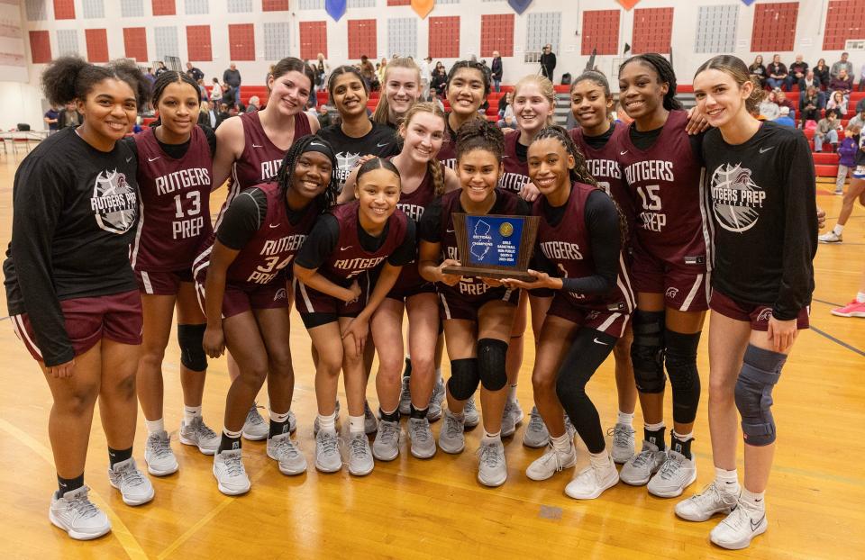 Rutgers Prep celebrate their Non-Public B Title. Rutgers Prep Girls Basketball vs. St. Rose in NJSIAA Non-Public Sectional finals at Jackson Liberty High School in Jackson NJ on March 4, 2024.