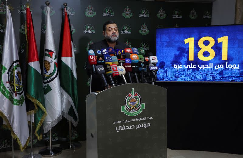 Hamas official Osama Hamdan speaks during a press conference in Beirut