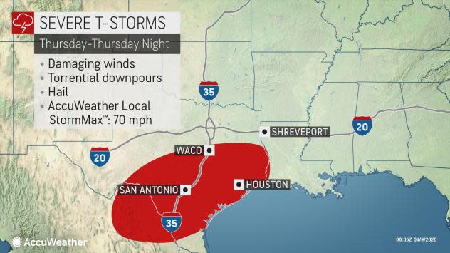 Severe storms are expected to bring damaging winds and hail to a swatch of South Texas and long the Gulf of Mexico from the Texas-Mexico border to Louisiana, according to AccuWeather.com.