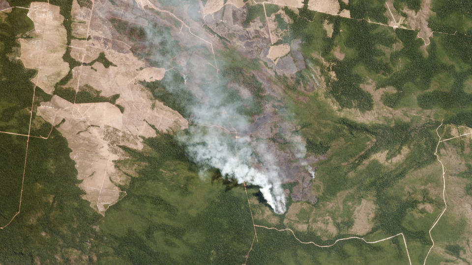 This Aug. 20, 2019 satellite image courtesy of Planet Labs, Inc. shows smoke billowing from fires in Mato Grosso, Brazil. (Planet Labs Inc. via AP)