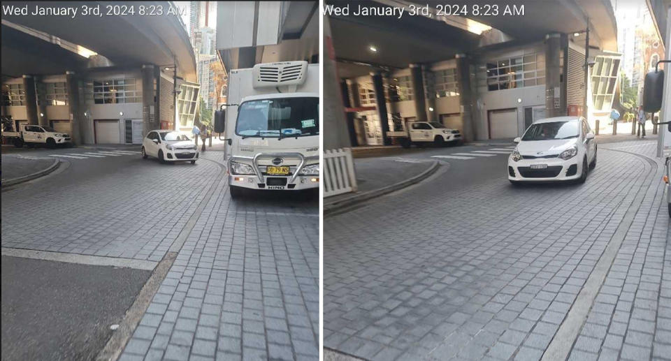 Michael's white car in two photos taken by a ranger.