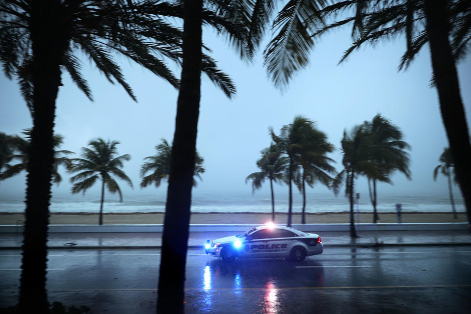 <p>Police patrol the street running along Sebastian Street Beach ahead of the arrival of Hurricane Irma, Sept. 9, 2017 in Fort Lauderdale, Fla. (Photo: Chip Somodevilla/Getty Images) </p>