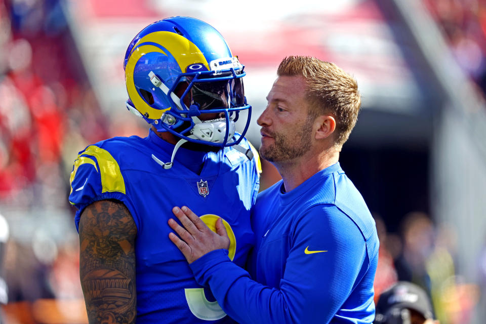 Jan 23, 2022; Tampa, Florida, USA; Los Angeles Rams wide receiver Odell Beckham Jr. (3) talks with head coach Sean McVay before playing Tampa Bay Buccaneers during a NFC Divisional playoff football game at Raymond James Stadium. Mandatory Credit: Kim Klement-USA TODAY Sports