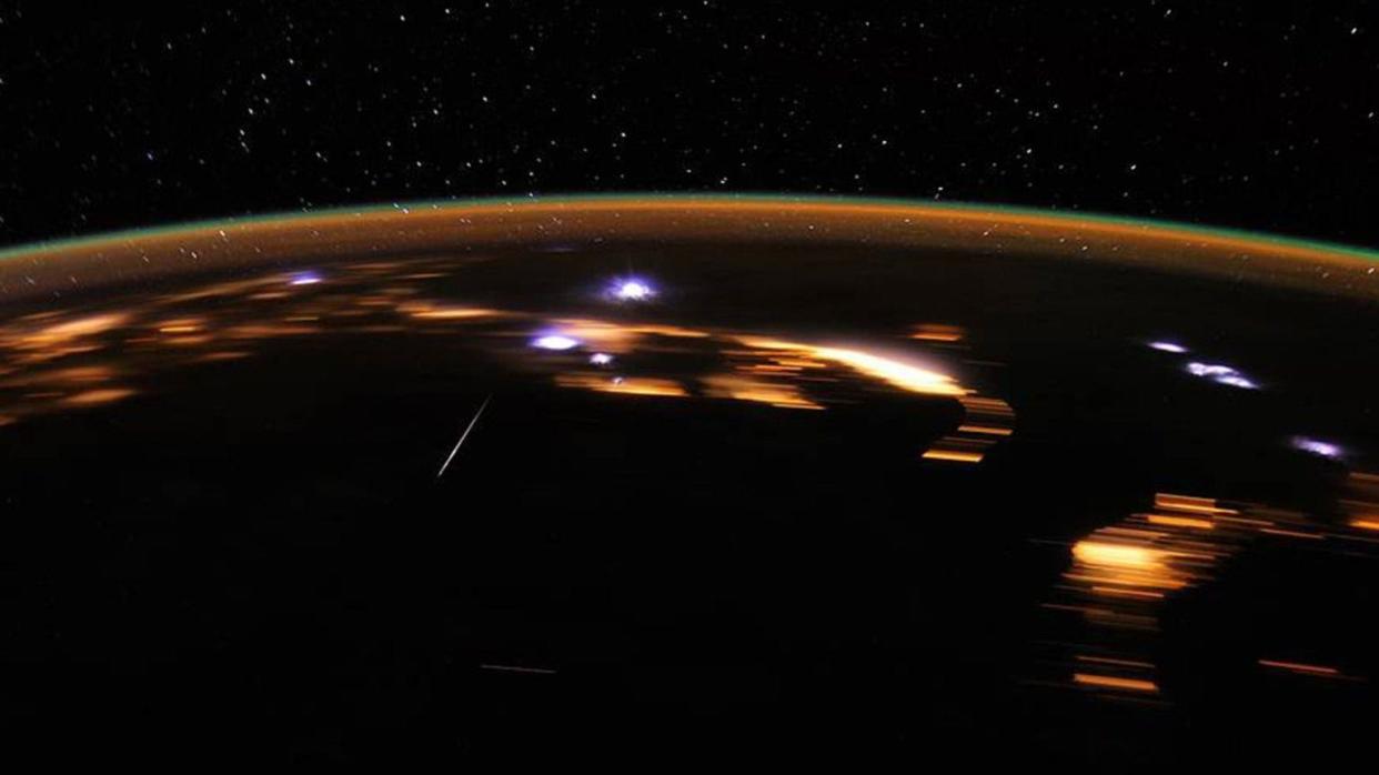 While most cameras were looking up at the 2012 peak of the Lyrid meteor shower, astronaut Don Pettit aboard the International Space Station trained his video camera on Earth below. Photo shows meteors burning up in the atmosphere.