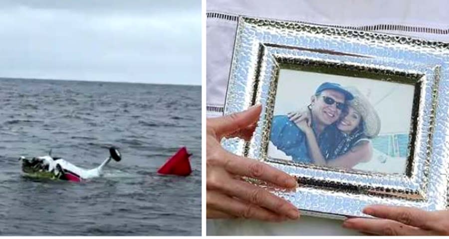 Maria Magdalena Olarte Maclean and her husband are seen in a family photo (right). The plane is seen after crashing into the ocean (left). (Images via SCCSC)