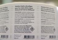 Labels for bottles of pear and mint alcohol are pictured at Swiss distiller Morand in Martigny