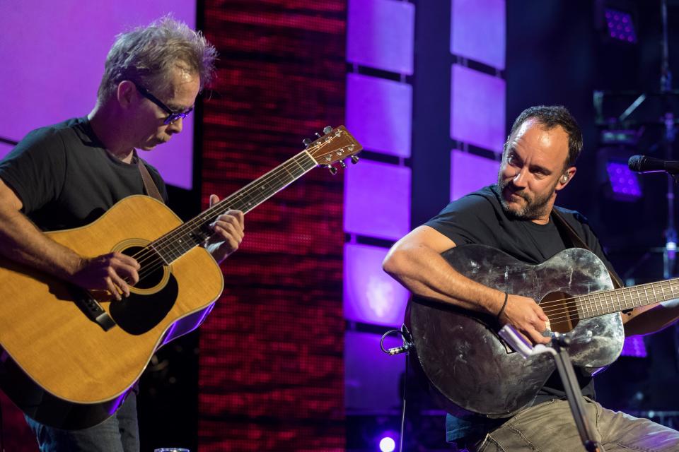 Dave Matthews, right, and Tim Reynolds perform at Farm Aid Saturday, Sept. 21, 2019, at Alpine Valley Music Theatre in East Troy, Wis.