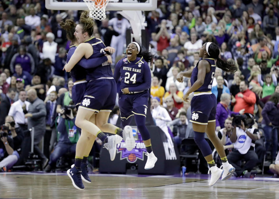 Notre Dame’s Arike Ogunbowale (24) hit two last-second shots in the Women’s Final Four. (AP Photo/Ron Schwane)