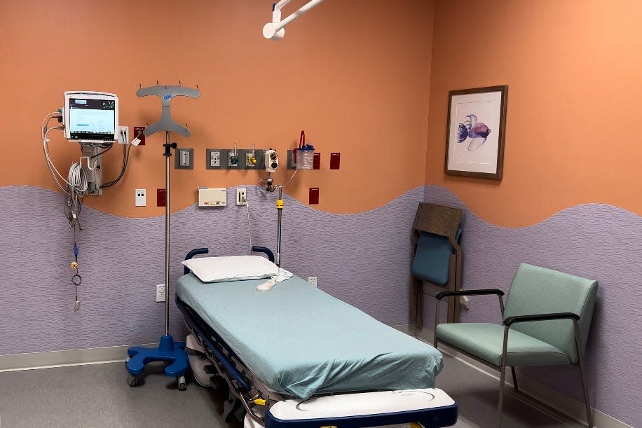 The newly expanded children's emergency room at HCA Palms West features bright-colored painted walls, wide rooms and beach-themed decor. The facility unveiled the $8.5 million expansion on Wednesday, Sept. 20, 2023.