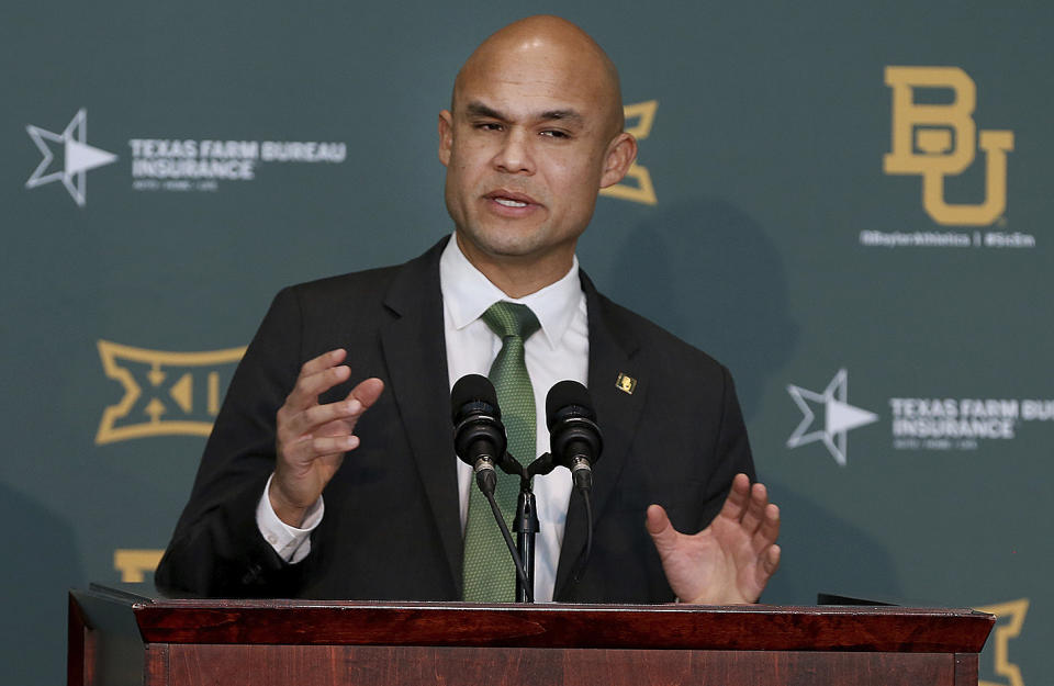 FILE - In this Jan. 20, 2020 file photo, Baylor's new head football coach Dave Aranda addresses the media during an NCAA college football news conference in Waco, Texas. Aranda will make his delayed debut as Baylor's coach in a quickly arranged and unexpected reunion of old Southwest Conference rivals. Baylor and Houston open this pandemic-altered season Saturday, Sept. 19, with their first meeting since the SWC’s final season in 1995. (Jerry Larson/Waco Tribune-Herald via AP, File)