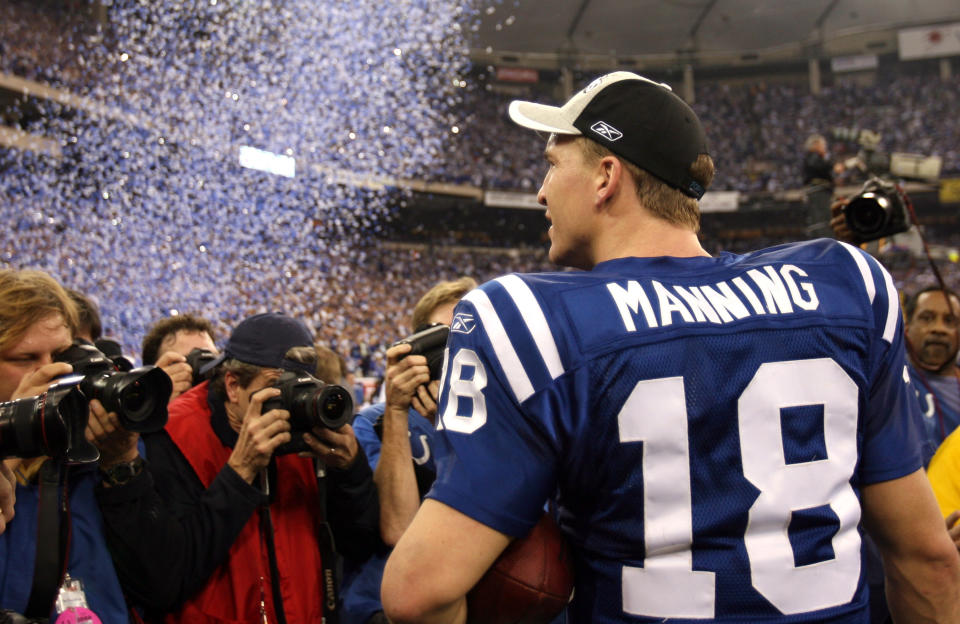 Peyton Manning and Colts celebrates finally got past the Patriots on January 21, 2007. (Photo by Mike Ehrmann/Getty Images)