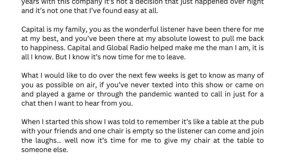 A photo of Roman Kemp's statement about leaving Captial Radio