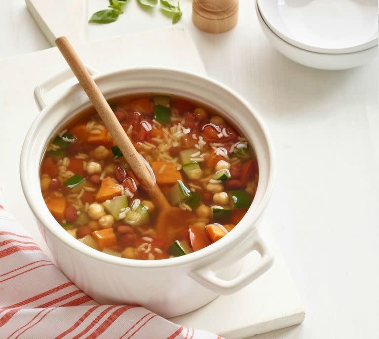 <p>This hearty soup takes less than 30 minutes to make, will give you leftovers for a few days, and comes with plenty of protein, despite not having any meat in it. </p><p><em>Get the <a href="https://www.womansday.com/food-recipes/food-drinks/recipes/a51523/sweet-potato-bean-rice-soup/" rel="nofollow noopener" target="_blank" data-ylk="slk:Sweet Potato, Bean and Rice Soup recipe;elm:context_link;itc:0;sec:content-canvas" class="link ">Sweet Potato, Bean and Rice Soup recipe</a>.</em></p>