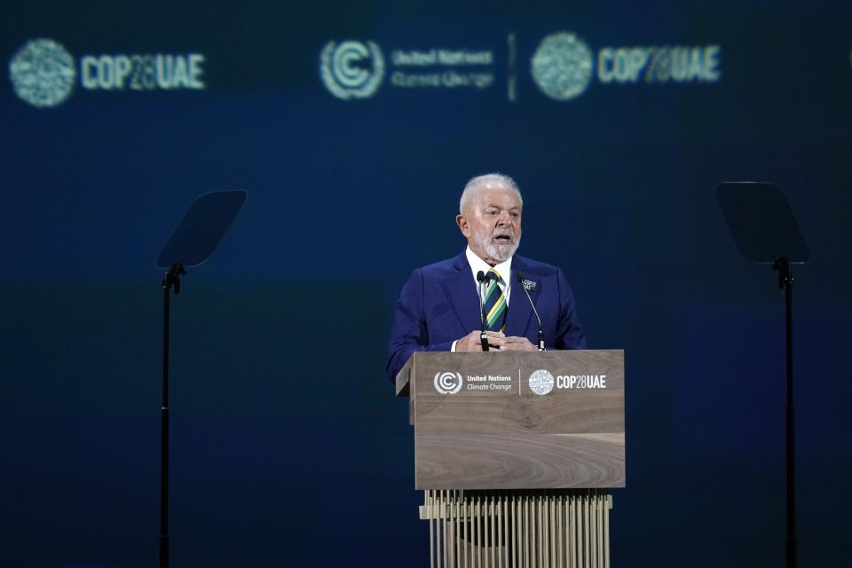 Brazil President Luiz Inacio Lula da Silva speaks during an opening ceremony at the COP28 U.N. Climate Summit, Friday, Dec. 1, 2023, in Dubai, United Arab Emirates. (AP Photo/Rafiq Maqbool)